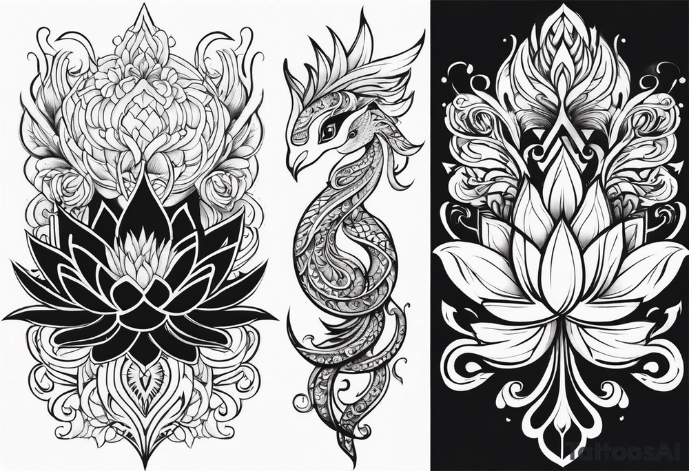 one vertical tattoo that combines lotus flower, phoenix and helix, strength and resilience symbols tattoo idea