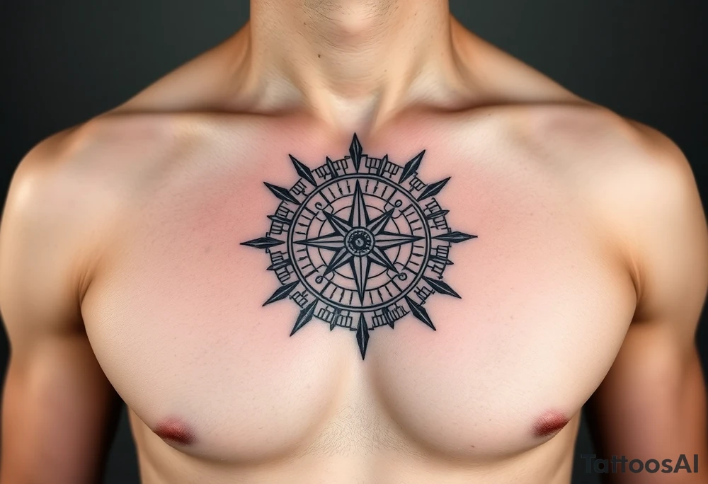 Chest tattoo with Roman stoic theme with sun dial compass tattoo idea