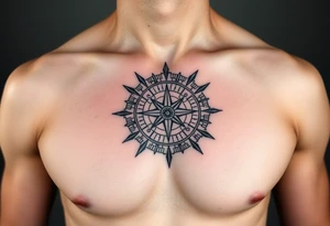 Chest tattoo with Roman stoic theme with sun dial compass tattoo idea