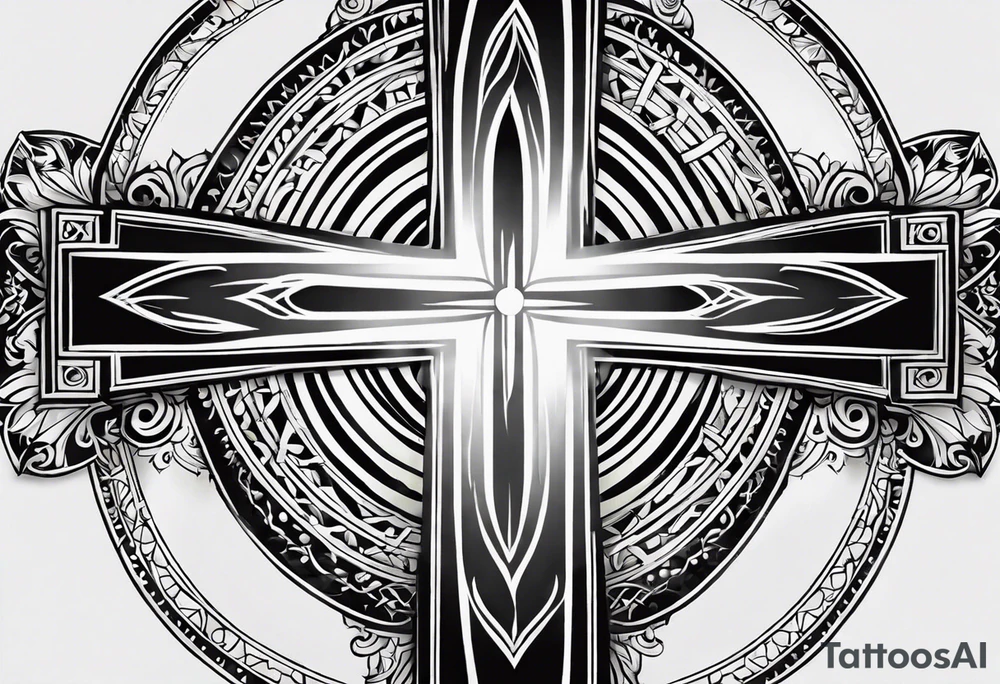 Tattoo: A refined cross with a soft halo on top of it, symbolizing light and spirituality. Delicate rays extend outward from the halo, adding a subtle glow and depth. The cross itself is simple and elegant, with potential for small, intricate line details within the design. tattoo idea