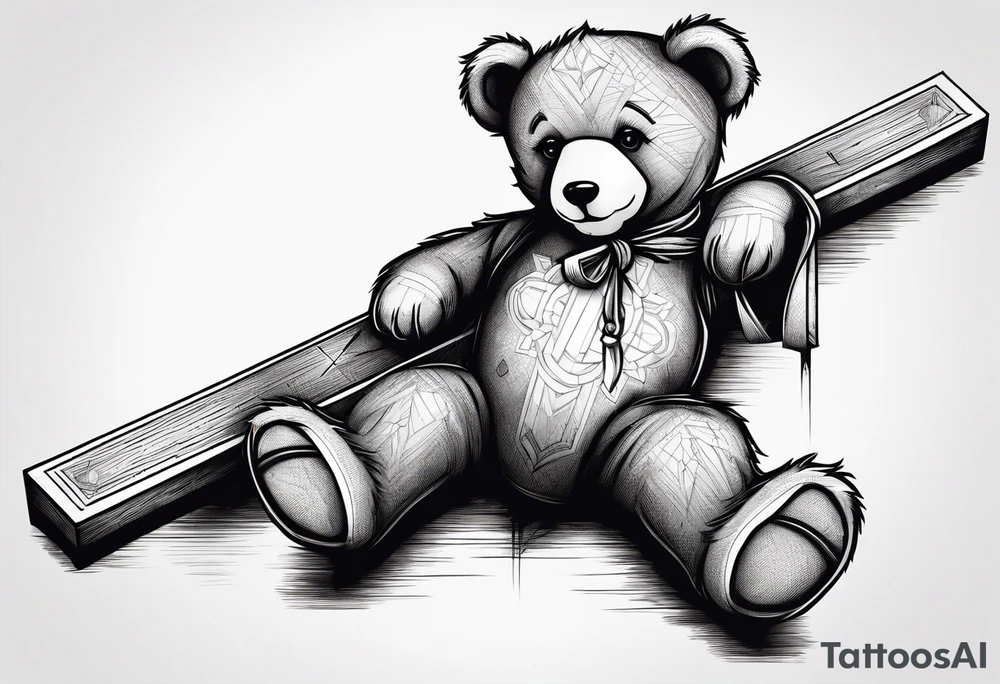 Teddy bear leaning against a cross tattoo idea