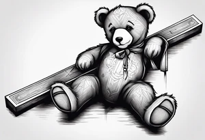 Teddy bear leaning against a cross tattoo idea