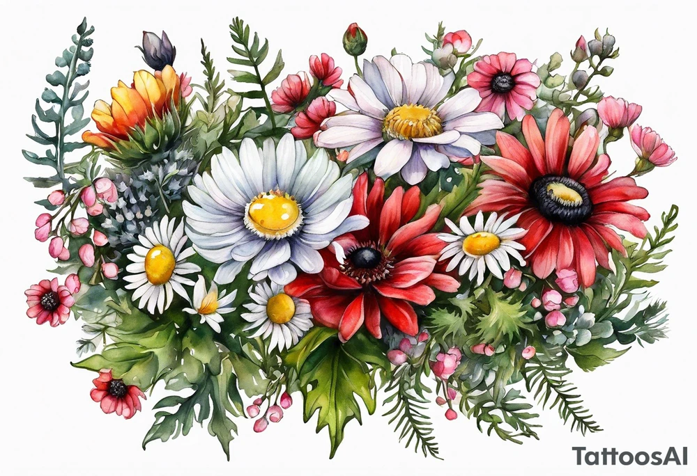 an oval of wildflowers cascading with thistles, ferns, white anemones, sun flowers, red flowers, black flowers, buttercups, pink flowers, babys breath and daisies all in watercolor tattoo idea