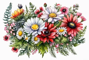 an oval of wildflowers cascading with thistles, ferns, white anemones, sun flowers, red flowers, black flowers, buttercups, pink flowers, babys breath and daisies all in watercolor tattoo idea