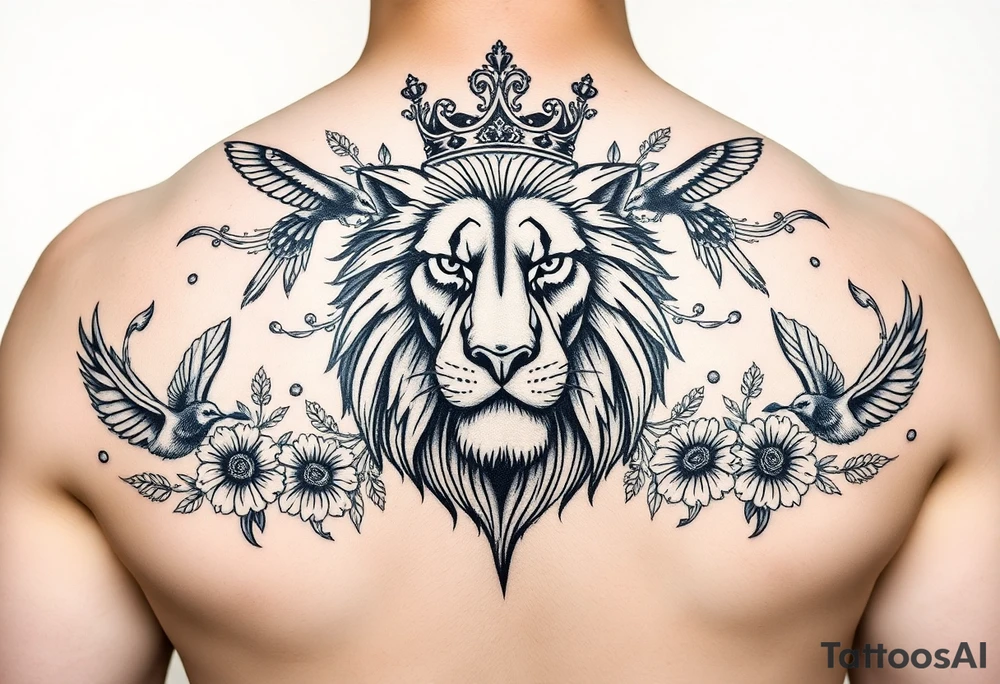powerful majestic lion with a crown, surrounded by floral ornaments and birds tattoo idea