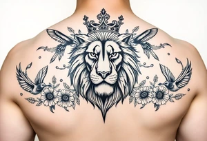 powerful majestic lion with a crown, surrounded by floral ornaments and birds tattoo idea