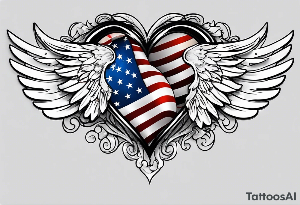American flag inside of a heart with angel wings tattoo idea