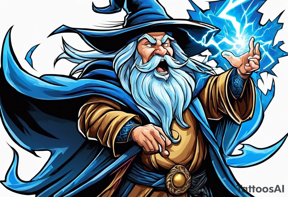 Yelling wizard directing a lightning strike with blue lightning and a black cloak tattoo idea