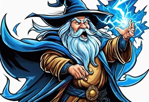 Yelling wizard directing a lightning strike with blue lightning and a black cloak tattoo idea