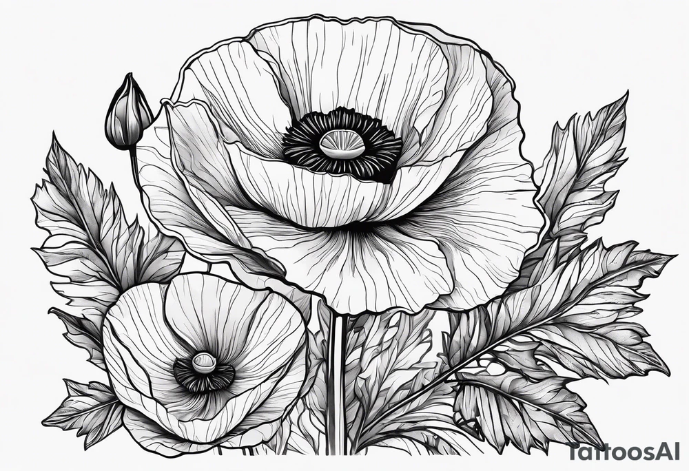 Poppy flowers with the date 1/15/22 in Roman numerals tattoo idea