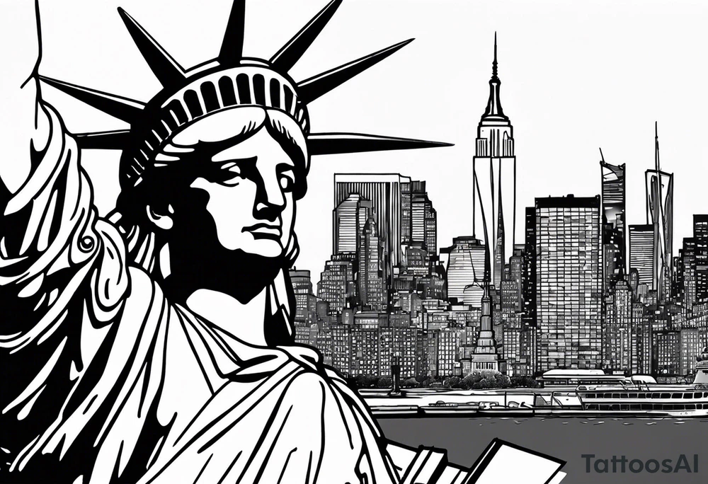 New york city skyline with Statute of liberty head in the background. White outline around head. Below the skyline in grafitti style text "NO QUIT" in the negative white space with shading around it. Put ice skatng marks through the text and throughout the image tattoo idea