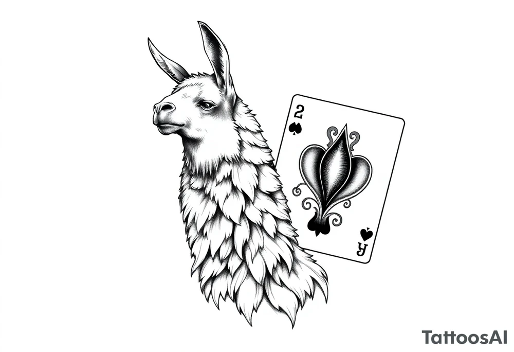 A llama with 2 of hearts and 4 of hearts playing cards tattoo idea