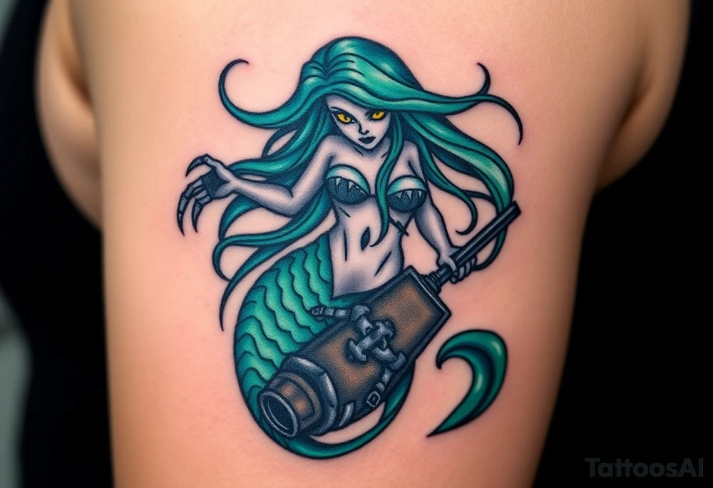 Siren’s Doom – A beautiful yet sinister mermaid with long, flowing sea-green hair, sharp black claws, and piercing glowing yellow eyes. Her serpentine tail wraps around a drowning pirate, pulling him into the abyss. tattoo idea