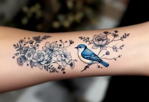 Puffy bluebird surrounded by wild flowers tattoo idea