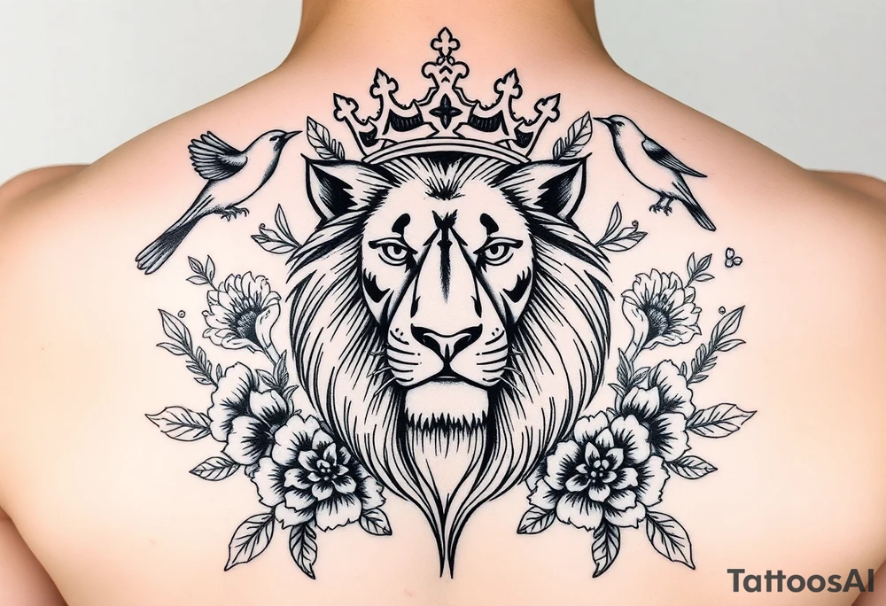 powerful majestic lion with a crown, surrounded by floral ornaments and birds tattoo idea