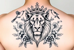 powerful majestic lion with a crown, surrounded by floral ornaments and birds tattoo idea