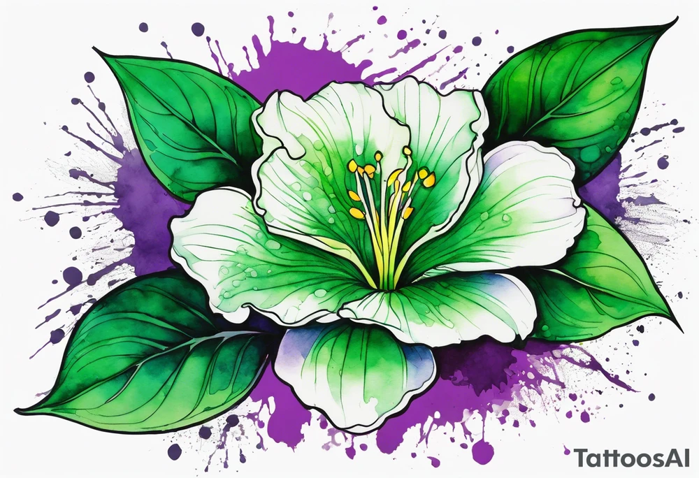 An outline of a green rio dipladenia flower and a green and purple watercolor splash in the background tattoo idea