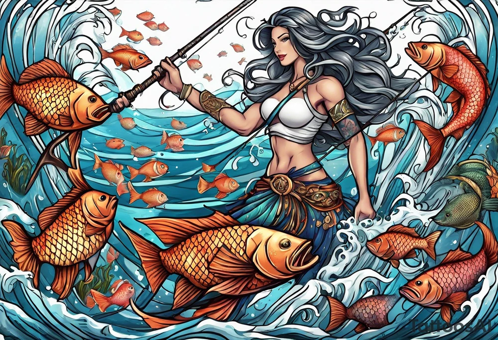 muscular
god 
posideon fighting a sport fish with a trident surrounded by sexy  female 
mermaids tattoo idea