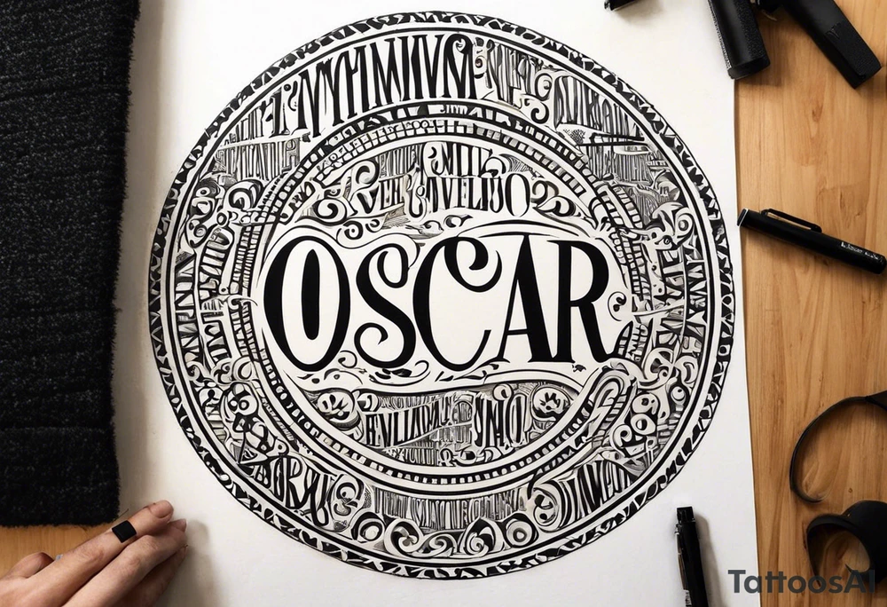the words Oscar Embla & Emil in a circle tattoo idea