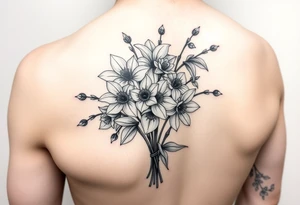 realistic bouquet of daffodils, daisies, lily of the valley on woman upper arm sleeve tattoo idea