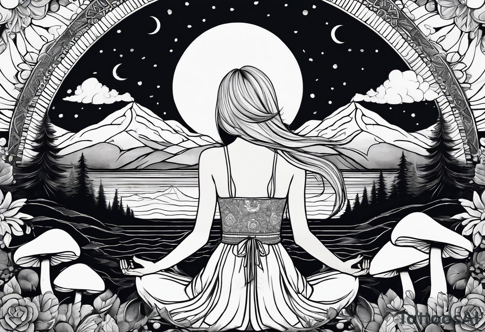 Straight blonde hair girl meditating facing away toward mountains surrounded by mushrooms crescent moon mandala circular design black and white striped dress tattoo idea