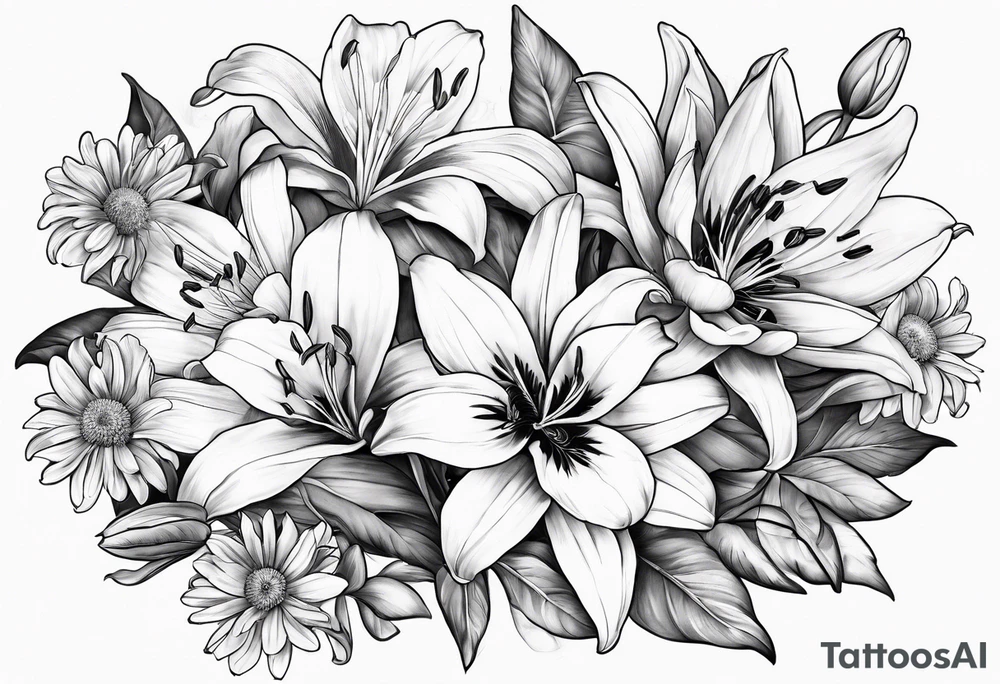 lily, marigold, tulip, cosmo, and aster tattoo idea