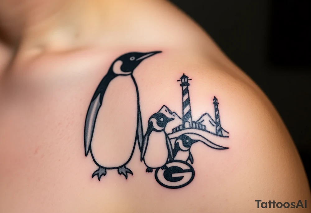 compilation outlining important things in my life such as one adult emperor penguin and 3 baby penguins, celtic trinity knot, lighthouse, mountains/nature, the green bay packers, and something to represent my 3 boys tattoo idea