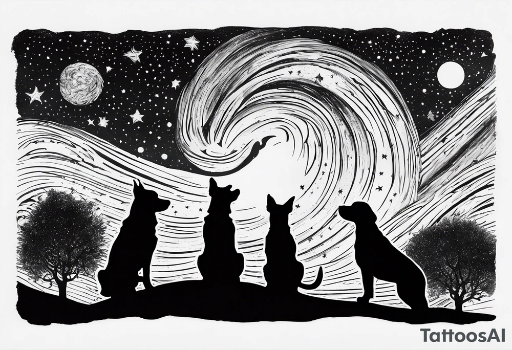 Me and my 3 dogs as silhouettes looking up at a night sky with galaxies comets and other space elements in the style of Van Gogh Starry Night. Must fit on an upper arm. tattoo idea