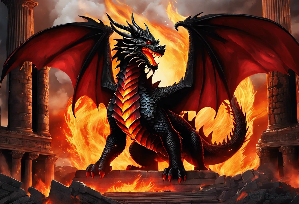 A majestic black and red dragon with shimmer golden scales standing in the burning ruins of a crumbling colosseum with flames and ash around his feet. This dragon depicts power, danger, and awe billowing flames from his mouth into the sky with wings outstretched. Show the dragon standing within the ruined, burning colosseum with crumbling columns on either side, with him blowing flames into the air. tattoo idea