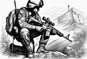 Fallen soldier memorial with kneeling soldier tattoo idea