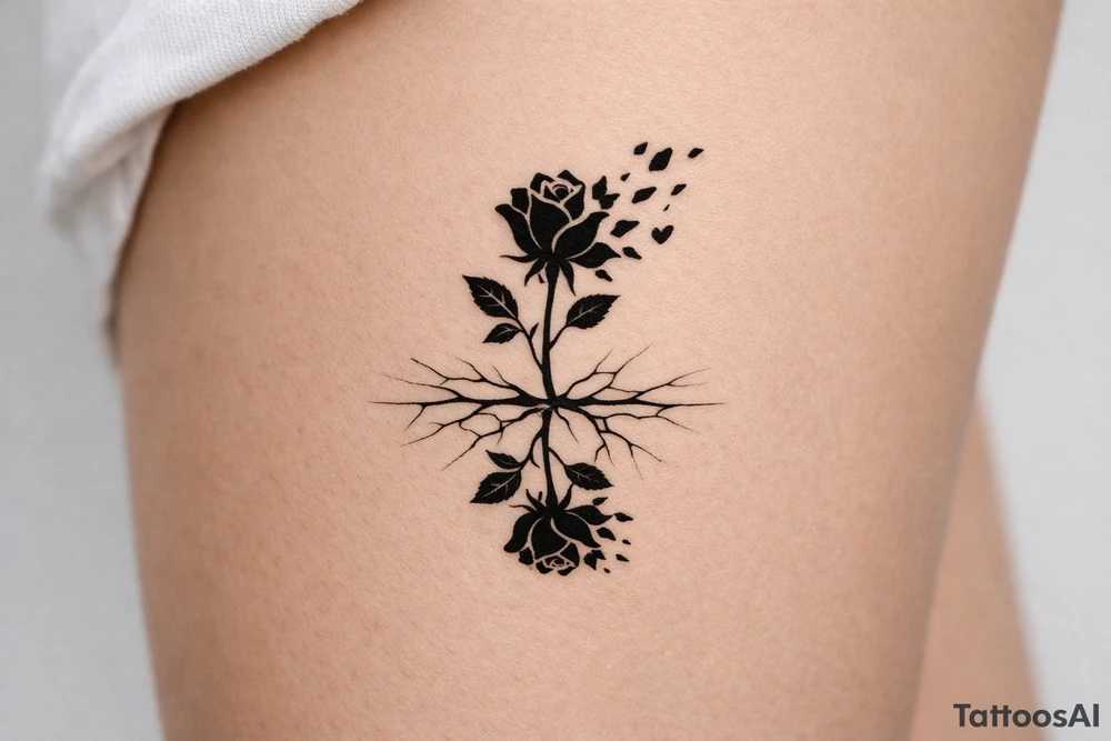 Rose silhouette, shattering petals, mirrored in a cracked surface. tattoo idea