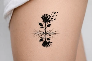 Rose silhouette, shattering petals, mirrored in a cracked surface. tattoo idea