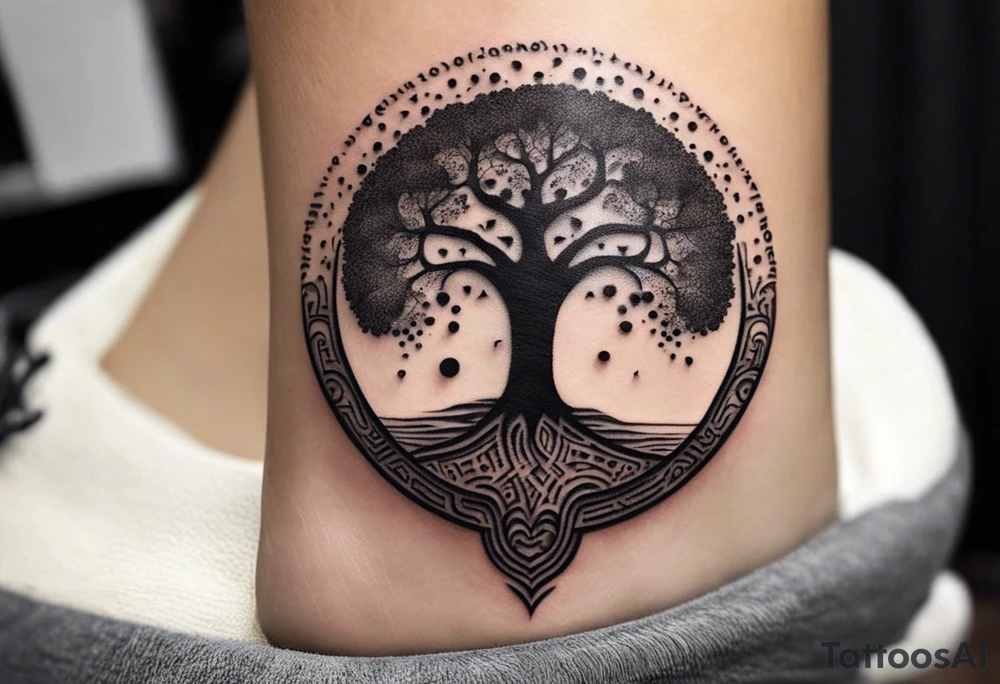 A tattoo design that incorporates the following elements: an abstract tree of life that has roots emerging  from the ground. Waves of water encapsulate the tree and wind around it in an organic way.  Incorporate music.   the letters U and A are overlapping and engraved into the tree. a golf ball incorporated but not prominent. tattoo idea