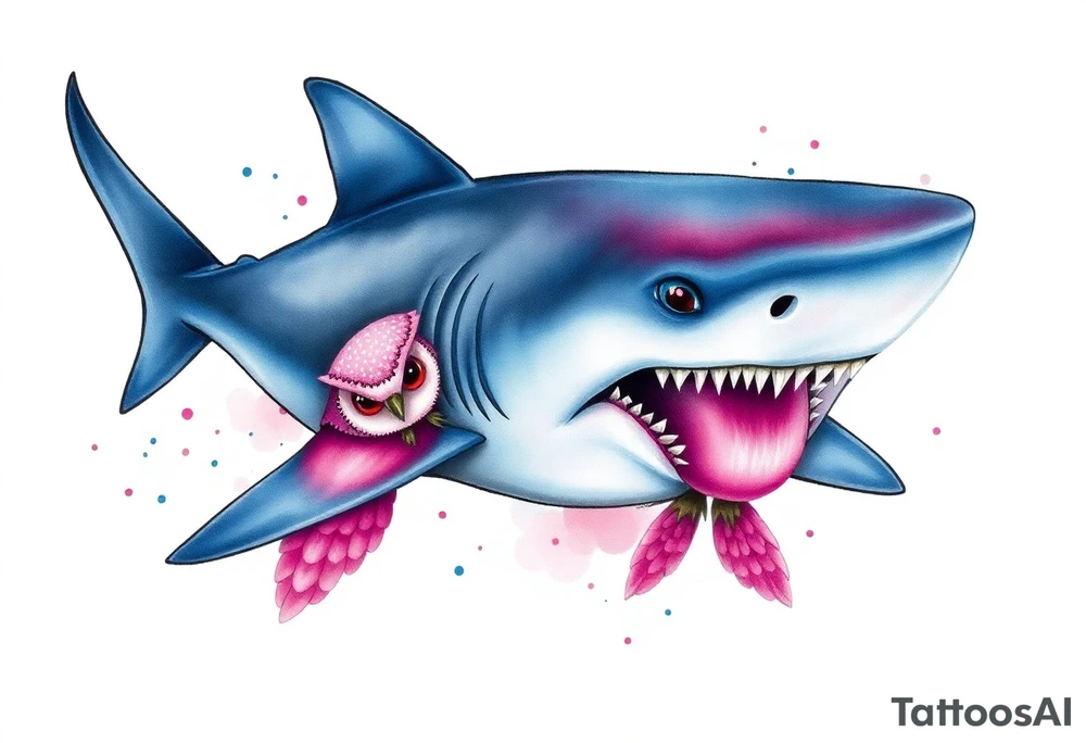 Hammerhead shark eating a pink owl tattoo idea