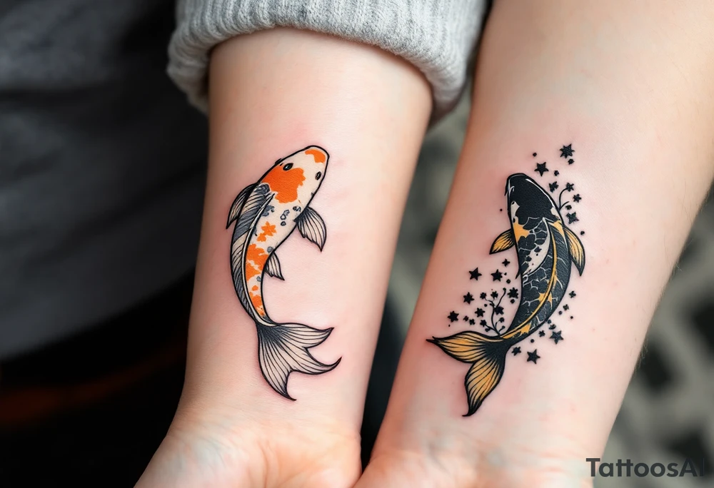 One wears a koi fish swimming upstream in orange and white, the other a koi swimming downstream in black and gold, together forming yin and yang balance. tattoo idea