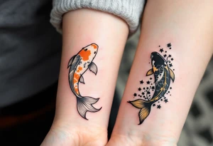 One wears a koi fish swimming upstream in orange and white, the other a koi swimming downstream in black and gold, together forming yin and yang balance. tattoo idea