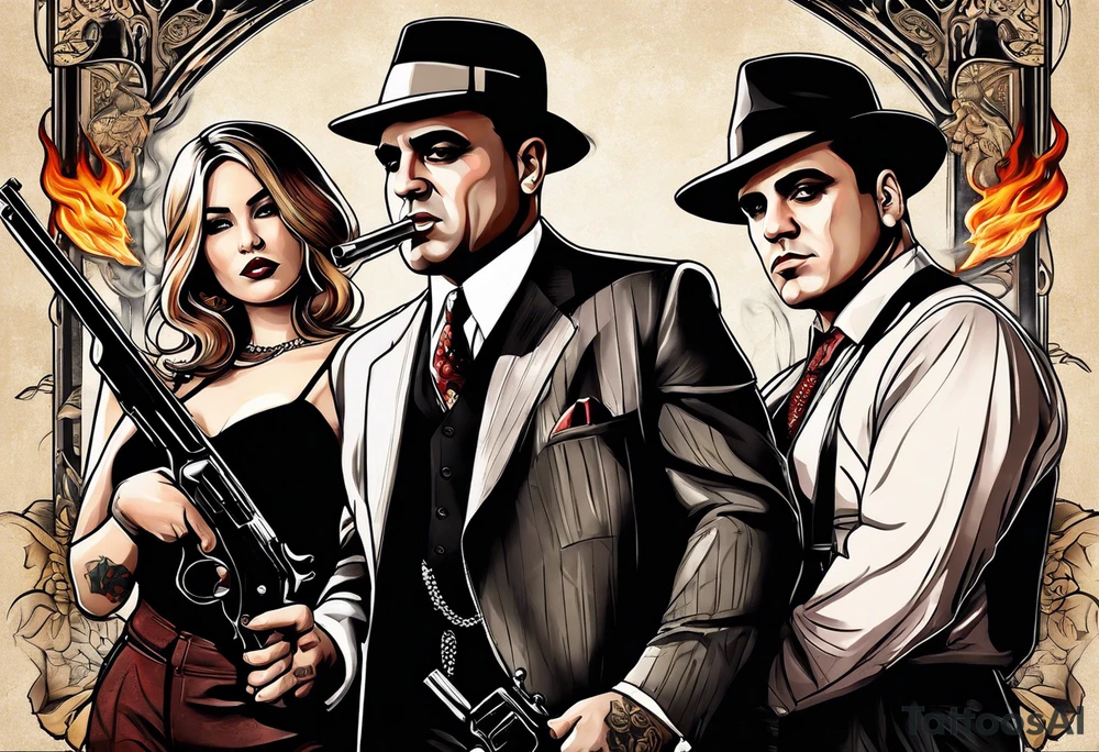 group of gangsters  with bonnie & clyde with Al Capone and machine gunns with smoke and fire and sexy females tattoo idea