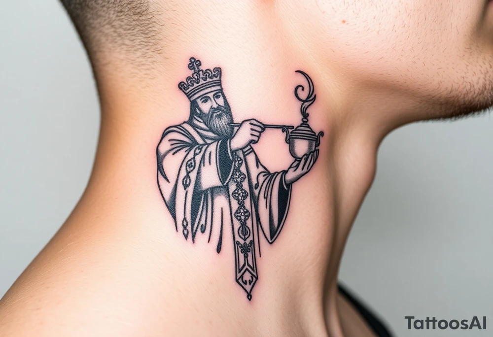 Russian Orthodox Priest in fully detailed vestment swinging a censer with smoke curling upward tattoo idea