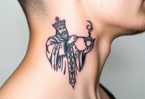 Russian Orthodox Priest in fully detailed vestment swinging a censer with smoke curling upward tattoo idea