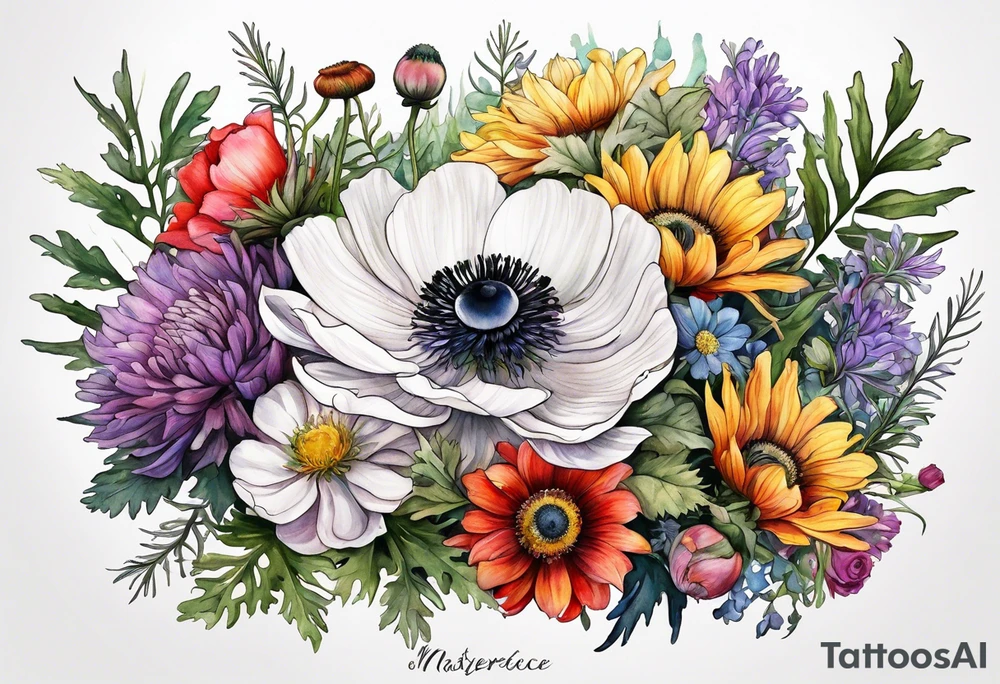 a white anemone with black center in the middle of equal sized mixed colorful wildflowers all with different shapes including thistles, ferns, ranuculus, and sun flowers all in watercolor tattoo idea