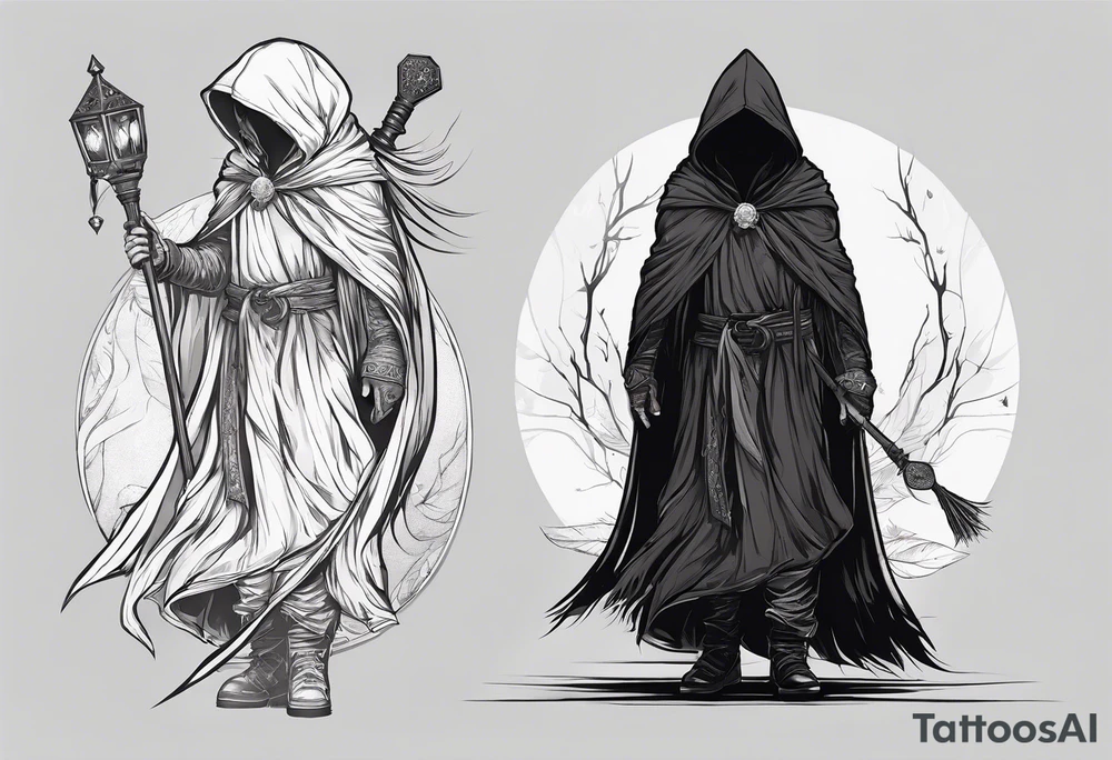 Hooded figure with no face carrying wooden staff with gem on top and wearing a long tattered cloak tattoo idea