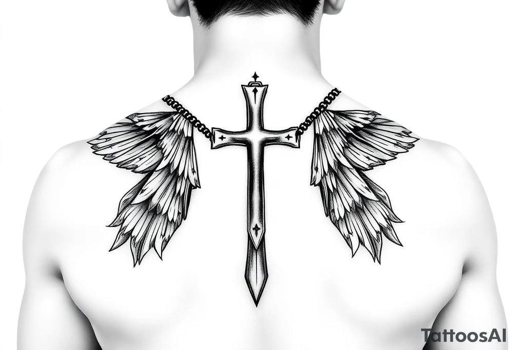 Um anjo segurando uma cruz e um colar crucifixo realismo preto e cinza tattoo idea