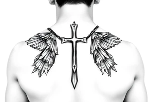 Um anjo segurando uma cruz e um colar crucifixo realismo preto e cinza tattoo idea