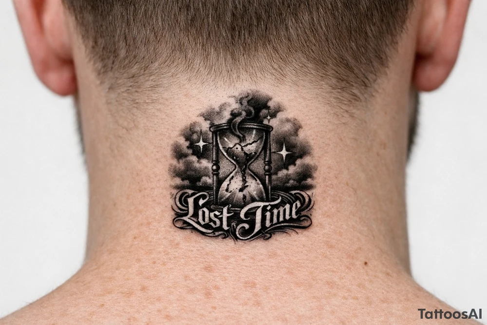 Black and grey realism tattoo design of a cracked, shattered hourglass centered in dark heavy clouds. Sand and dark smoke floating upward out of the glass. Custom gothic script lettering that says "Lost Time" wrapped around the base. Chicano style shading, deep blackwork background, sharp 4-point sparkle stars, high contrast, clean white background, tattoo stencil style. Put on the throat not the back of neck tattoo idea