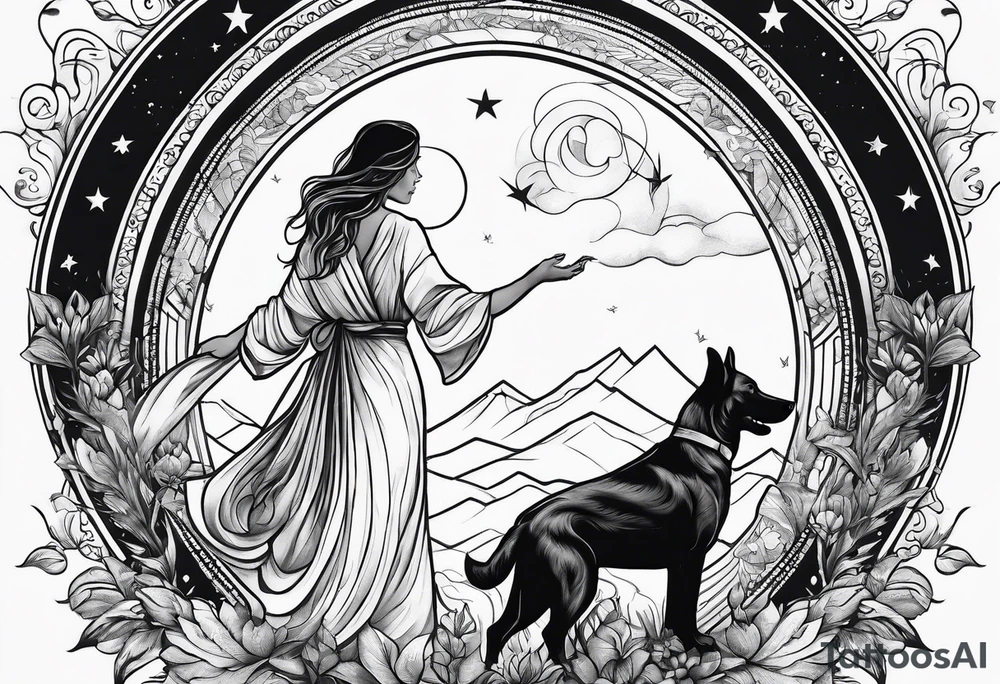 dog in the sky reaching hand of a woman and woman as her back facing us tattoo idea