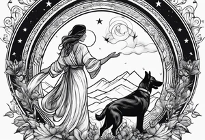 dog in the sky reaching hand of a woman and woman as her back facing us tattoo idea