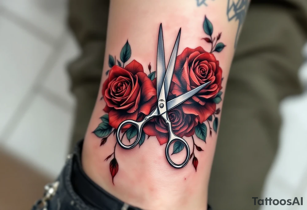 Scissors with Roses Tattoo – A pair of silver scissors cutting through roses with deep red petals and green leaves, symbolizing the balance of beauty and precision, with delicate detailing in black and gray. tattoo idea