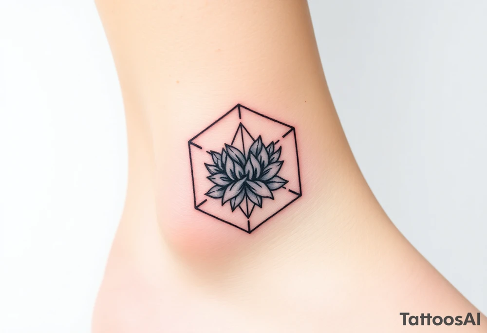 Faint Hexagon with astrological sign for Leo, larkspur and water lilies in the center tattoo idea
