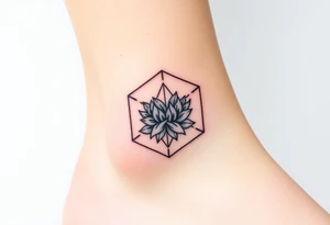 Faint Hexagon with astrological sign for Leo, larkspur and water lilies in the center tattoo idea