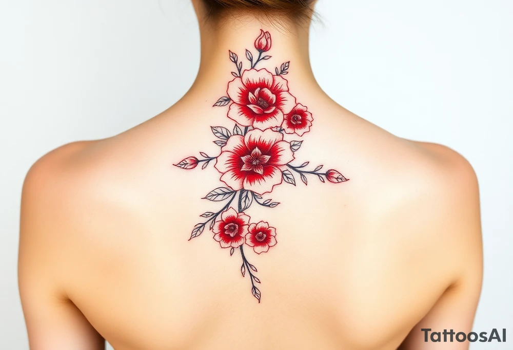 Floral red ink spine tattoo tattoo idea